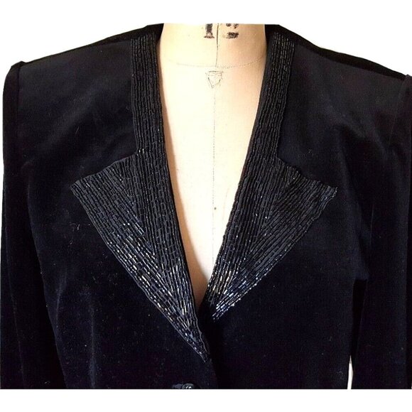 Vintage blazer jacket velvet & sequin beaded collar, elegant formal holidays M - Picture 2 of 13